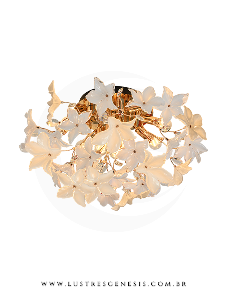 Plafon Moderno Dourado com Vidro Branco 70cm para Sala de Jantar, Quarto, Hall e Corredor